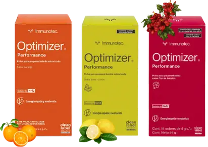 Immunocal Optimizer Performance: sabores naranja, lima-limón y flor de jamaica con energía sostenida y activación NRF2.