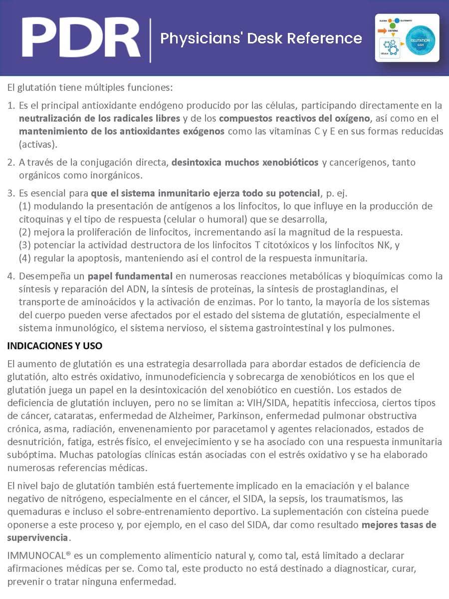 Segunda página del documento PDR Immunocal con introducción y descripción general del suplemento.