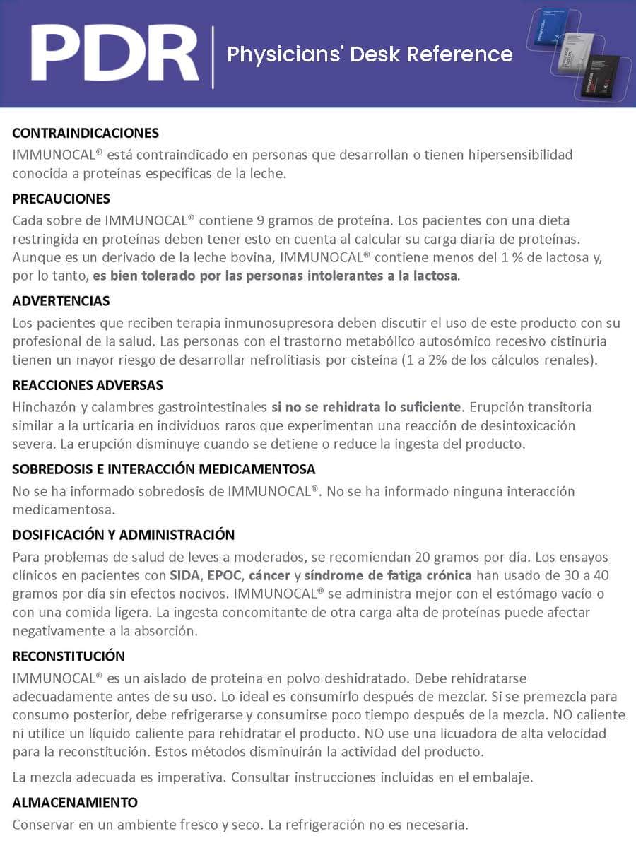 Tercera página del documento PDR Immunocal con introducción y descripción general del suplemento.