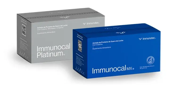 Cajas de Immunocal Regular e Immunocal Platinum, suplementos de proteína de suero diseñados para aumentar los niveles de glutatión y fortalecer el sistema inmunológico.